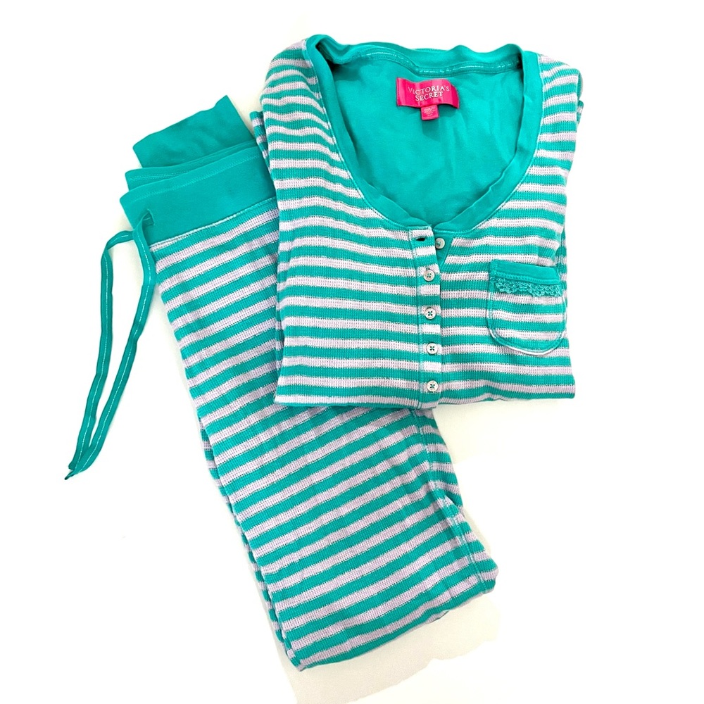 Victoria’s Secret Small Teal Stripe Thermal Lounge/Pajama Set